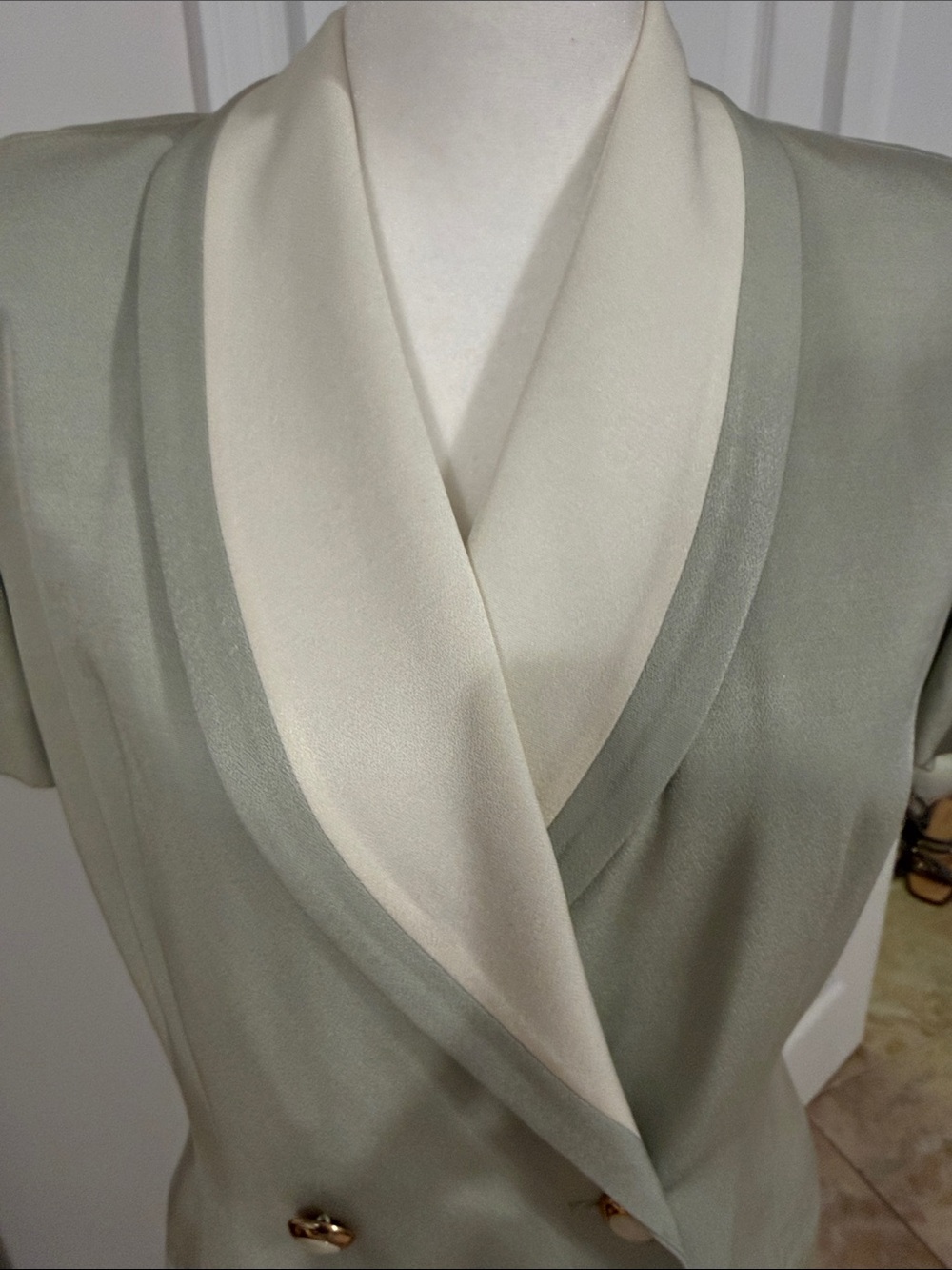 Danny & Nicole Light Sage Green and Cream Double-Breasted Midi Dress - Picture 2 of 8